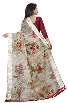 Red printed linen saree with blouse 3