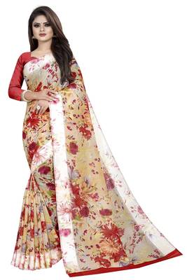 Orange printed linen saree with blouse 1
