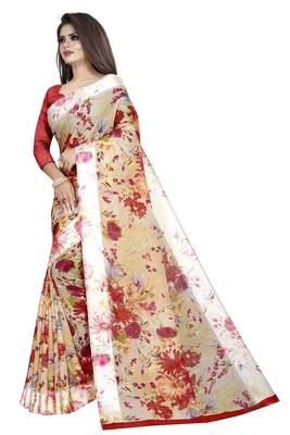 Orange printed linen saree with blouse 2