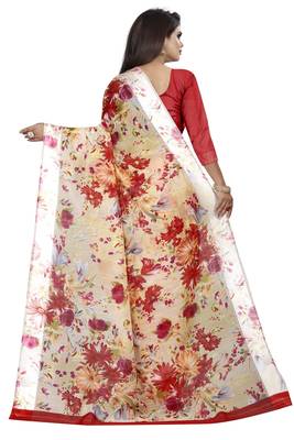Orange printed linen saree with blouse 3