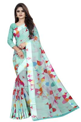 Sky blue printed linen saree with blouse 1