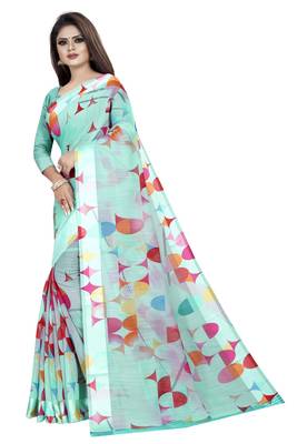 Sky blue printed linen saree with blouse 2