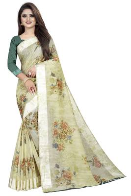 Green printed linen saree with blouse 1