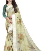 Green printed linen saree with blouse