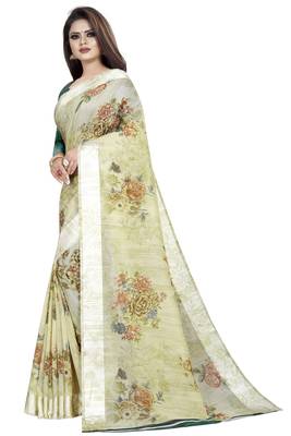 Green printed linen saree with blouse 2