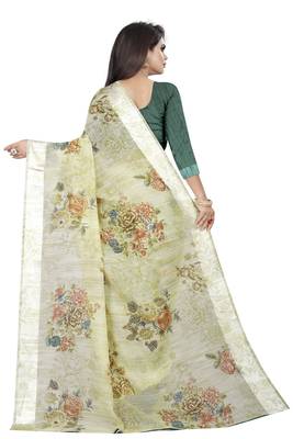 Green printed linen saree with blouse 3
