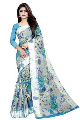 Sky blue printed linen saree with blouse 1