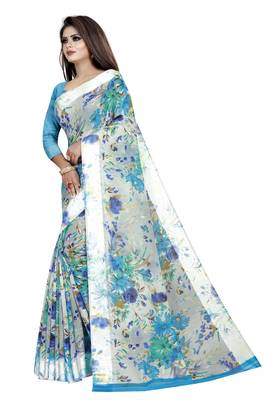 Sky blue printed linen saree with blouse 2