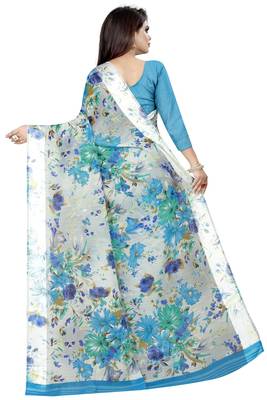 Sky blue printed linen saree with blouse 3