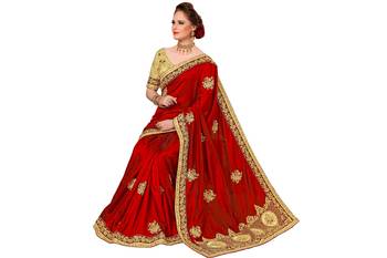 Red Embroidered Fashion art Silk Saree with blouse 3