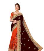 Trendmalls Brown and Orange Embroidered art Silk   Traditional Wedding Party Wear Bridal Saree With Blouse  