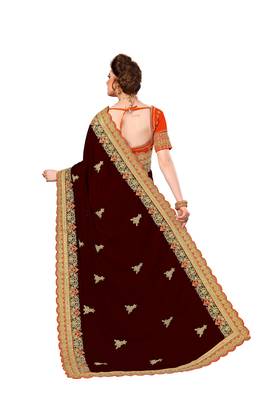 Trendmalls Brown and Orange Embroidered art Silk   Traditional Wedding Party Wear Bridal Saree With Blouse   2
