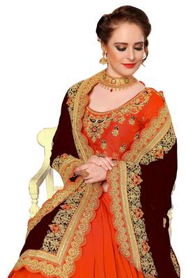 Trendmalls Brown and Orange Embroidered art Silk   Traditional Wedding Party Wear Bridal Saree With Blouse   4