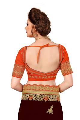 Trendmalls Brown and Orange Embroidered art Silk   Traditional Wedding Party Wear Bridal Saree With Blouse   5