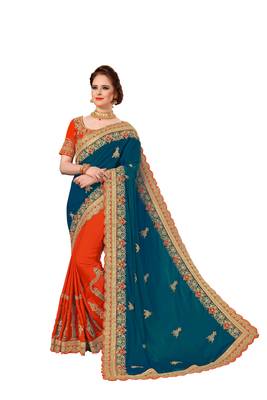 Peach and Orange Embroidered Fashion art Silk Saree with blouse 1