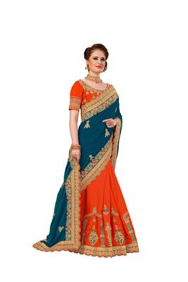 Peach and Orange Embroidered Fashion art Silk Saree with blouse 3