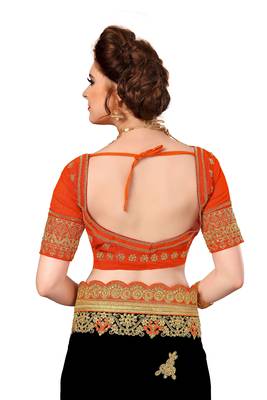 Trendmalls Black and Orange Embroidered art Silk     Traditional Wedding Party Wear Bridal Saree With Blouse   5