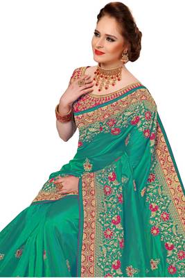 Trendmalls Turquoise Embroidered art Silk Saree with blouse  4