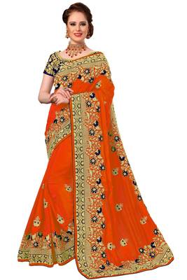 Orange Embroidered art silk Sarees with blouse 1