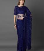 Navy blue embroidered net saree with blouse