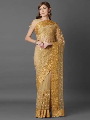 Beige embroidered net saree with blouse 2