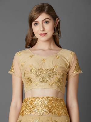 Beige embroidered net saree with blouse 5
