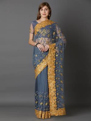 Grey embroidered net saree with blouse 1