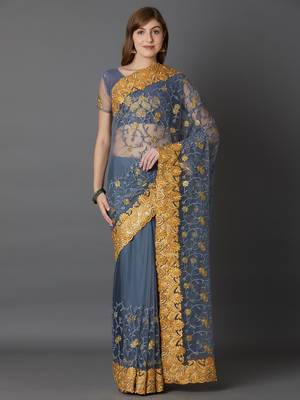 Grey embroidered net saree with blouse 2