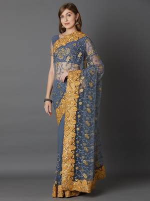 Grey embroidered net saree with blouse 3