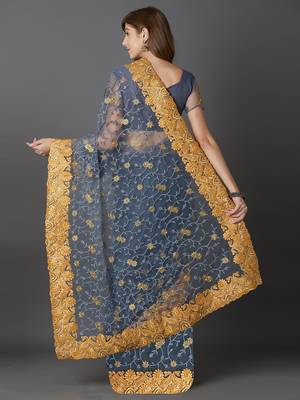 Grey embroidered net saree with blouse 4