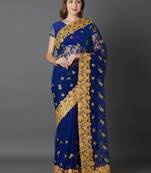 Navy blue embroidered net saree with blouse
