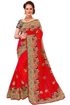 Trendmalls Red Embroidered art Silk  Traditional Wedding Party Wear Bridal Saree with Blouse  1