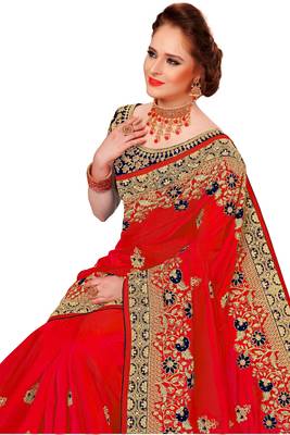 Trendmalls Red Embroidered art Silk  Traditional Wedding Party Wear Bridal Saree with Blouse  4