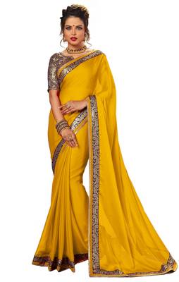 Yellow plain chiffon Saree with blouse 1