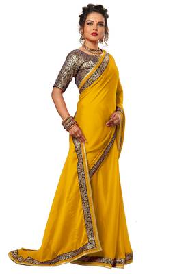 Yellow plain chiffon Saree with blouse 3