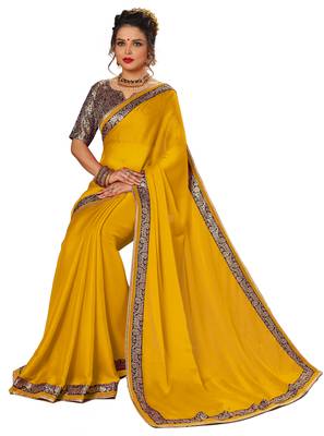 Yellow plain chiffon Saree with blouse 4