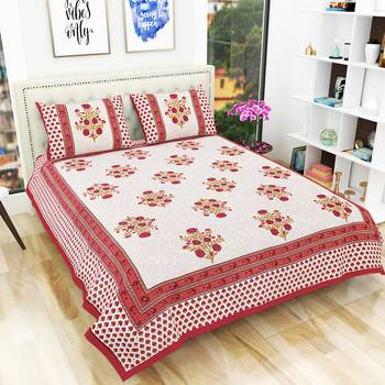 Jaipuri Hand Block Printed Traditional 200TC Cotton Double Bedsheet with 2 Pillow Covers 1
