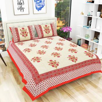 Jaipuri Hand Block Printed Traditional 200TC Cotton Double Bedsheet with 2 Pillow Covers 1