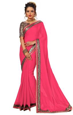 Pink plain chiffon Saree with blouse 1