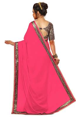 Pink plain chiffon Saree with blouse 2