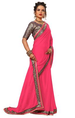 Pink plain chiffon Saree with blouse 3