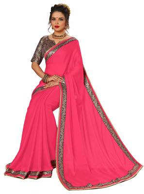 Pink plain chiffon Saree with blouse 4