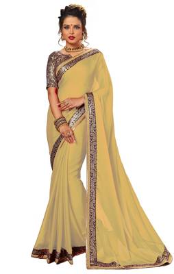 beige plain chiffon saree with blouse 1