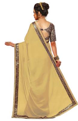 beige plain chiffon saree with blouse 2
