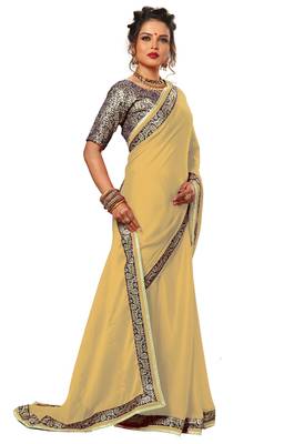 beige plain chiffon saree with blouse 3