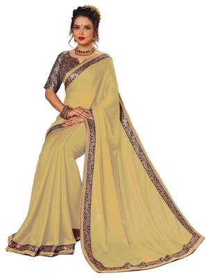 beige plain chiffon saree with blouse 4