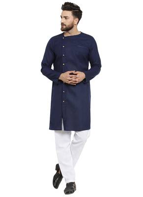 Blue Plain Linen Kurta Pajama 1