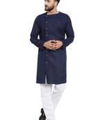 Blue Plain Linen Kurta Pajama