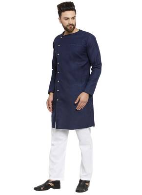 Blue Plain Linen Kurta Pajama 3