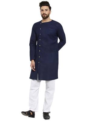 Blue Plain Linen Kurta Pajama 5